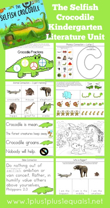 image collage of crocodile themed learning pages for kindergartners over a green colored background