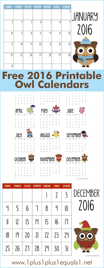 2016 Printable Owl Calendars