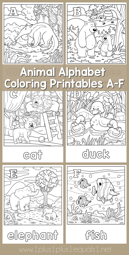 Animal Alphabet Coloring Printables A through F