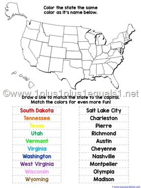 U.S.A. States and Capitals Worksheets - 1+1+1=1