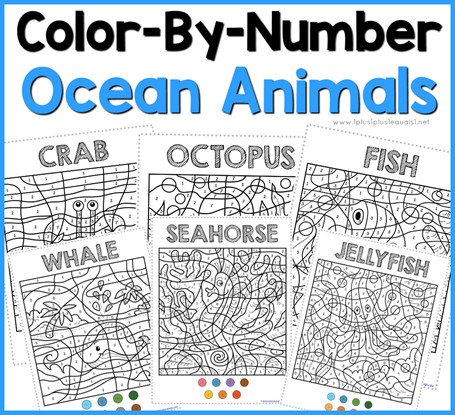 Color-by-Number Ocean Animals text with image examples of various animal themed coloring pages