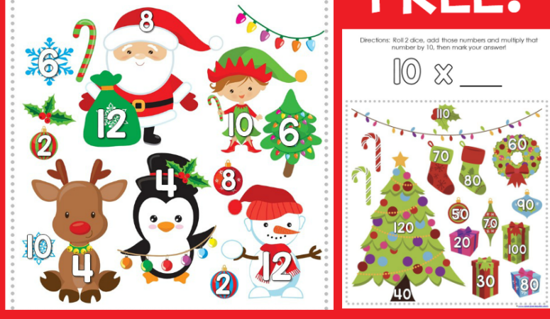 Christmas Multiplication Roll and Cover Printable Game