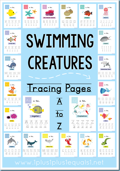 Swimming Creatures Tracing Pages A-Z - 1+1+1=1