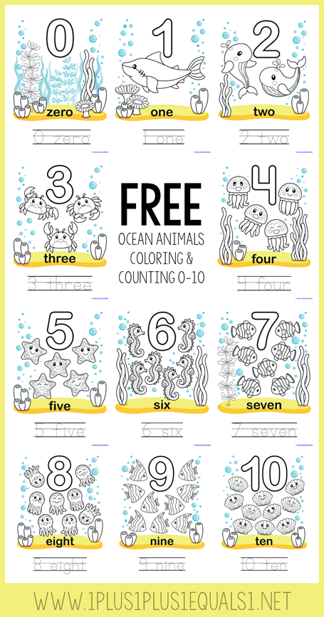 Free Ocean Animals Coloring and Counting 0-10