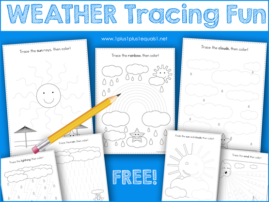 This Weather Theme Tracing Fun printable set is great for Tot School, Preschool and Kindergarten. Work on fine motor skills while tracing a sun, rain, rainbow, lightning and more fun weather activity pages. #1plus1plus1 #homeschool #homeschooling #totschool #preschool #preschoolers #preschoolactivities #preschool #homeschoolpreschool #kindergarten #kindergartenworksheets #kidsactivities #kidsprintables #freeprintablesforkids #tracing #finemotoractivities #earlychildhood