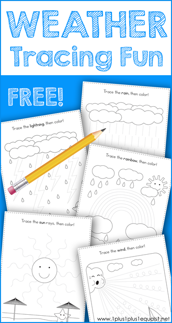 This Weather Theme Tracing Fun printable set is great for Tot School, Preschool and Kindergarten. Work on fine motor skills while tracing a sun, rain, rainbow, lightning and more fun weather activity pages. #1plus1plus1 #homeschool #homeschooling #totschool #preschool #preschoolers #preschoolactivities #preschool #homeschoolpreschool #kindergarten #kindergartenworksheets #kidsactivities #kidsprintables #freeprintablesforkids #tracing #finemotoractivities #earlychildhood