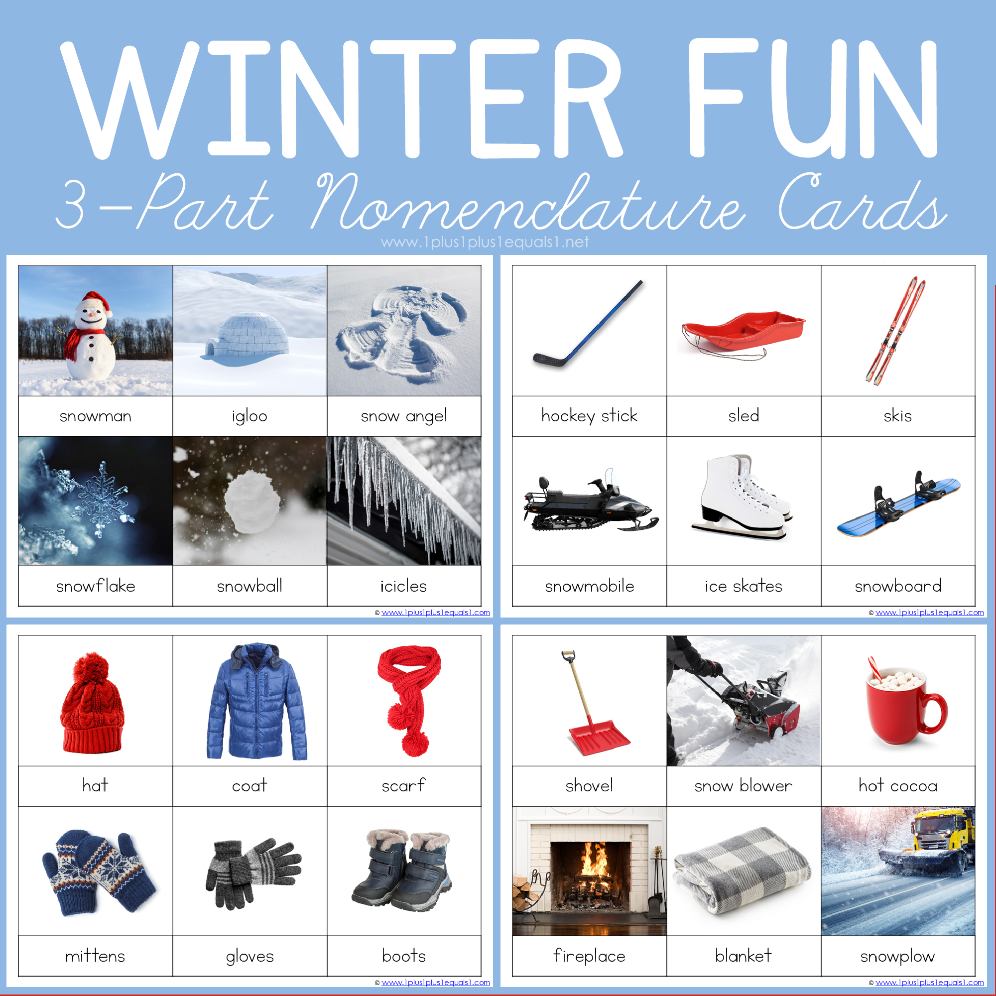 WINTER Montessori 3 part cards with real pictures Language cards for learning Portuguese and English Seasons Nomenclature cards.